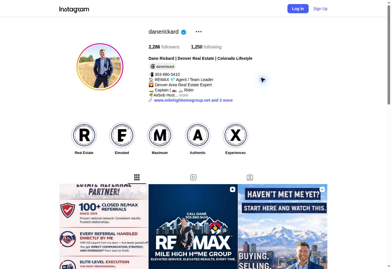 Dane Rickard’s public Instagram profile and post grid