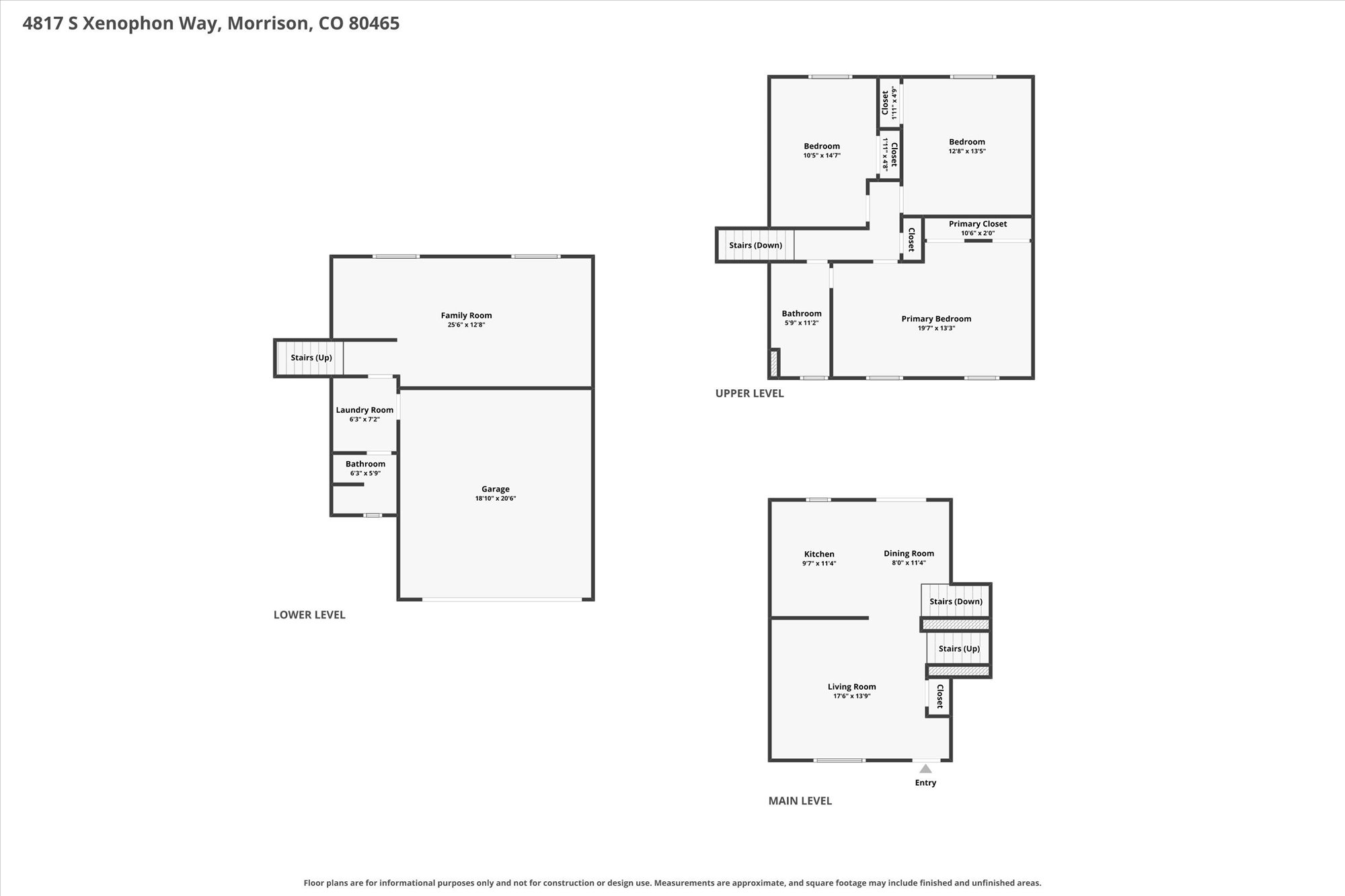 Example 2D floorplan for 4817 S Xenophon Way in Morrison, Colorado, showing the lower, upper and main levels with labeled rooms and approximate measurements.